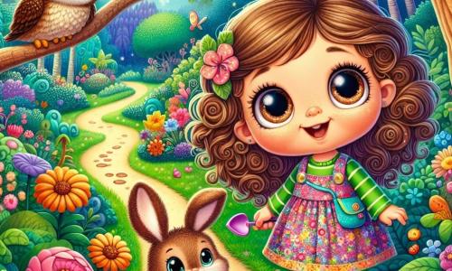 Ein 4-jähriges Mädchen namens Lila mit großen, funkelnden Augen und lockigem Haar steht im Mittelpunkt des Bildes und zeigt einen Ausdruck von Neugier und Aufregung. Sie trägt ein buntes Kleid mit Blumenmustern und hält eine kleine Plastikkelle, bereit zum Erkunden. Neben ihr schaut Max, ein kleiner Hase mit großen Ohren und weichem Fell, Lila ermutigend an, während Tilly, eine weise Eule mit braunen Federn und runden Augen, auf einem Ast sitzt und die Szene aufmerksam beobachtet. Der Hintergrund ist ein wunderschöner, grüner Garten, gefüllt mit leuchtenden Blumen, großen Bäumen mit üppigem Laub und einem gewundenen Weg, der zu einem geheimnisvollen Wald im Hintergrund führt. Die Hauptsituation zeigt Lila, Max und Tilly auf der Suche nach der verschwundenen Blume, mit Fußspuren, die in den Wald führen, während sie sich darauf vorbereiten, gemeinsam zu einem Abenteuer aufzubrechen, voller Enthusiasmus und Entschlossenheit.