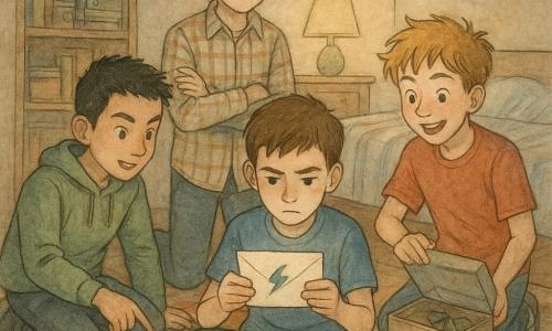 Há quatro personagens: Tomás, 12 anos, cabelos castanhos curtos, camiseta azul, sentado no centro do tapete segurando um envelope branco com um pequeno relâmpago azul; Rui, 11 anos, cabelo preto, moletom verde, ajoelhado à esquerda perto de uma estante apontando para cartas caídas; Bernardo, 12 anos, cabelo castanho, óculos redondos, camisa xadrez, em pé atrás de Tomás com braços cruzados, expressão séria e curiosa; Tiago, 11 anos, cabelo loiro despenteado, camiseta vermelha, à direita de Tomás levantando levemente a tampa de uma caixa de jogo, sorriso impaciente. Lugar: quarto de hóspedes acolhedor ao crepúsculo com cama simples e edredom listrado ao fundo, estante de madeira com jogos e livros, pequena lâmpada acesa no criado-mudo e tapete colorido no chão com peças de jogo e cartas brilhantes espalhadas. Situação: os quatro jovens detetives acabam de descobrir um envelope e cartas cintilantes marcadas com um símbolo de lupa; cena de descoberta coletiva com surpresa, concentração e divertimento, mãos manipulando as cartas, luz suave incidindo nos rostos, destaque para o símbolo da lupa nos cantos das cartas, relâmpago azul no envelope, textura do tecido do tapete e granulação da madeira da estante.