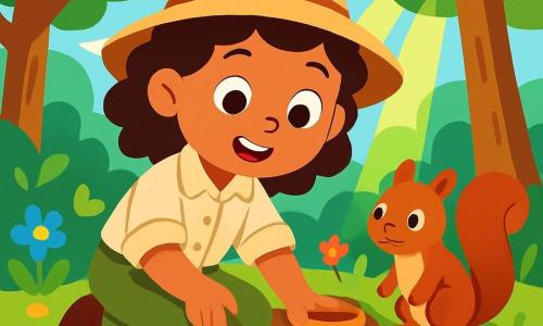 A young archaeologist, Lily, with curly brown hair, wears a large straw hat and a beige blouse. She has a look of wonder and sparkling eyes as she uncovers pottery shards in the ground. Next to her, a small squirrel with bright eyes and reddish fur watches her intently, sitting on its hind legs as if wanting to help her in her quest. The setting is a lush forest with tall trees, vibrant leaves, and sunlight filtering through the branches, illuminating the leaf-covered ground. Colorful flowers dot the ground, adding a touch of magic to the environment. Lily is crouched down, digging with a small shovel, discovering treasures from the past, while the squirrel appears intrigued by the objects she finds.