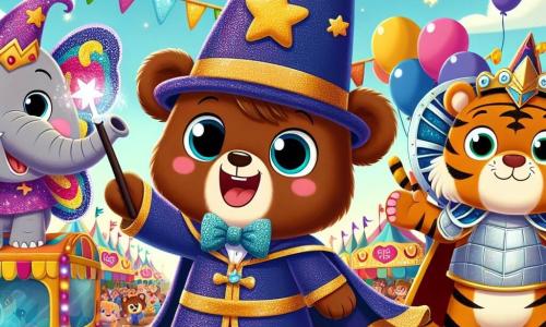 A little brown bear named Benny, with a big smile and sparkling eyes, is dressed as a magician. He wears a shimmering cape and a pointed hat, holding a magic wand in his paw. Next to him, Ellie the elephant, with colorful butterfly wings, dances joyfully, her eyes shining with happiness. Toby the tiger, dressed in cardboard armor, pretends to wield a sword, looking determined and proud. The scene takes place in the heart of a vibrant carnival, with colorful stalls, sparkling lights, and balloons floating in the blue sky. Laughter and music fill the air, creating a festive and joyful atmosphere. Benny, Ellie, and Toby parade on their decorated float, putting on a magical show for an amazed crowd.