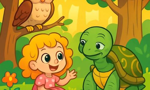 A 4-year-old girl named Lily, with bright big eyes and curly golden hair, smiles in wonder. She wears a pink dress with white polka dots and yellow sandals, sitting by a sparkling stream. Next to her, a wise old turtle with a green shell adorned with golden patterns watches her kindly, his eyes sparkling with wisdom. In the background, a large owl with brown and white feathers perched on a branch observes the scene with a serious yet friendly expression. The setting is an enchanted forest with majestic trees, thick trunks, and vibrant green leaves, allowing golden rays of sunlight to dance on the ground. Colorful flowers and oddly shaped mushrooms dot the ground, adding a touch of magic to the environment. The main scene shows Lily asking the turtle a question, her face lit up with curiosity, while the stream gently sings beside them, creating a peaceful and magical atmosphere.