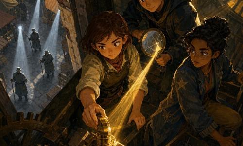 A tense, magical scene inside the dark, dusty interior of an old market clock tower: 12-year-old Mina, determined and freckled with short chestnut hair and rolled sleeves, fits a shiny brass coin into a cavity in the wooden mechanism; about 13-year-old Lark, mischievous and nervous in a dark hooded jacket with spiky hair, leans behind her supporting her and holds a small cracked mirror reflecting golden rays; Sable, ~35, calm and watchful in a long coat with star patches and round glasses, crouches by an open crate with a dark map and twigs, guarding the stairs; three gray-coated surveyors stand below in the market alley as silhouettes, holding staffs with translucent bulbs that cast cold clinical light toward the tower; beams of warm golden light and cold analyzer beams cross as Mina installs a luminous decoy, creating a contrast of warm and cold light and an atmosphere of suspense, ingenuity, and collective protection.