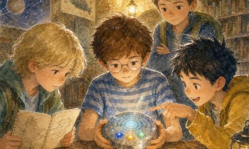 Four children (Milo, ~10, short messy chestnut hair, round glasses, striped blue tee, holding a small silver disk at the center; Jay, ~10, spiky black hair, big grin, yellow jacket, on Milo's right leaning forward and pointing at the spiral screen; Theo, ~10, mid-length blond hair, freckles, holding an open sketchbook showing the map, seated left of Milo; Ben, ~10, short brown hair, calm, green backpack behind him, standing slightly back with hands crossed) gather in an underground library room with ochre brick walls, faded planet and submarine posters, worn wooden table and warm lamp; on the table an open wooden box reveals a glowing silver disk with three colored buttons (blue, amber, green) and a spiraling luminous screen, the scene dimly lit and mysterious.