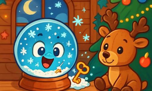 A small snow globe named Glitter, with a bright smile and sparkling eyes, sits on a rustic wooden mantel. It is surrounded by shimmering snowflakes dancing joyfully around it, expressing curiosity and excitement. Next to it, a large Christmas tree decorated with lights and colorful ornaments features a small plush reindeer with bright eyes and soft brown fur, looking on in wonder. The scene is set in a cozy chalet with wooden walls, twinkling lights, and festive decorations everywhere. A large window reveals a snowy landscape illuminated by the moon. The main focus shows Glitter discovering a small golden key hidden in the snow, surrounded by dancing snowflakes, ready to open a mysterious chest filled with New Year's surprises.