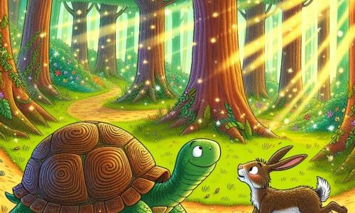 In the center of the image, a turtle named Oliver, with a green and brown shell adorned with spiral patterns, displays an expression of calm and wisdom. His eyes sparkle with kindness as he slowly moves along a forest path, surrounded by colorful flowers and shimmering leaves under the sun. To the left, a young hare named Harry, with light brown fur and long, upright ears, appears out of breath and somewhat frustrated. He is getting back up after a fall, his legs splayed, while his eyes express both surprise and determination. The setting is a lush forest, bathed in golden light, with tall trees and sunlight filtering through the foliage, creating dancing shadows on the mossy ground. The main situation shows Oliver, the turtle, peacefully advancing toward the finish line of a race, while Harry, the hare, gets up after his fall, realizing he needs to learn to slow down and enjoy the journey.