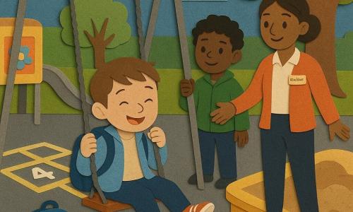 A 6-year-old boy sits on a swing smiling but slightly out of breath, short brown hair, light blue jacket, blue backpack on the ground, shiny squeaky shoes, gently pushing with his feet as he starts to get off; another ~6-year-old boy (Ben) with curly black hair and a green jacket waits just behind the swing, hands on the chain and looking grateful; a ~6-year-old girl in a pink jacket with braided hair bounces her feet, smiling and watching; a female teacher (30–40) with hair tied back and a badge reading Ms. Carter stands nearby with open arms, kindly supervising; the playground is a colorful paper-cut style court with two metal swings with textured chains, a silver slide, yellow-and-white hopscotch on gray ground, a sandbox with small mounds, decorated signs and a tree with cutout leaves; the main moment is sharing: the boy jumps off after counting to twenty to give up his spot, a clear scene of transition, waiting and kindness, with bright colors, layered textures, soft shadows and crisp outlines.