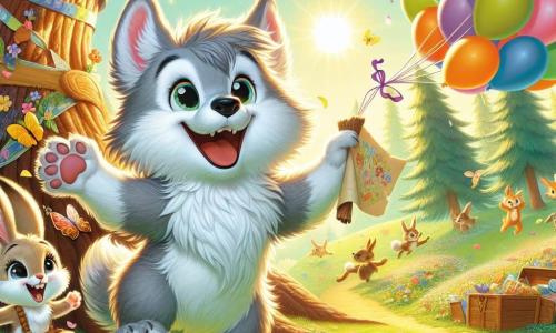 Ein kleiner Wolf namens Wuschel mit weichem grauem Fell und funkelnden Augen steht im Mittelpunkt des Bildes und lächelt breit, während er einen großen Baum mit bunten Blumen und Ballons schmückt. Neben ihm springt sein bester Freund, ein kleiner Hase namens Hopsi mit langen Ohren und hellbraunem Fell, vor Freude und hält eine Schatzkarte in seinen Pfoten, sein Gesicht strahlt vor Aufregung. Im Hintergrund ist eine grüne Lichtung, die vom goldenen Frühlingssonnenlicht erleuchtet wird, umgeben von blühenden Bäumen, schwirrenden Schmetterlingen und bunten Blumen, die im Wind tanzen. Die Szene zeigt Wuschel und Hopsi, die eine große Schatzsuche für ihre Freunde vorbereiten, voller Begeisterung und Kameradschaft in einer fröhlichen und bezaubernden Umgebung.