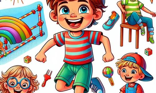 Un niño de 7 años, Pablo, con cabello castaño alborotado y una gran sonrisa, está en el centro de la imagen, riendo a carcajadas mientras cae en una pila de cojines de colores. Lleva una camiseta roja y un pantalón corto azul, y sus ojos brillan de alegría y diversión. A su lado, Clara, una niña de 7 años con una gorra de colores vivos y trenzas, ríe mientras sostiene una gran caja de cartón, lista para usarla como obstáculo. Tiene una mirada traviesa y chispeante. Luis, un niño de 7 años con gafas redondas y cabello rubio, está un poco más atrás, riendo a carcajadas mientras intenta hacer una mueca cómica. Lleva una camiseta a rayas y un pantalón corto verde. Sofía, una niña de 7 años con cabello largo y rizado, está sentada en una silla, sosteniendo un pincel y pintando un gran sol en una pared de cartón. Tiene una sonrisa creativa y concentrada, vistiendo un vestido de flores. La escena tiene lugar en un parque soleado, lleno de vegetación, con un gran roble en el centro y flores coloridas alrededor. Los niños están rodeados de varios objetos de juego: cojines, cajas de cartón y juguetes esparcidos por el césped. La situación principal muestra a los amigos en medio de una carrera de obstáculos improvisada, divirtiéndose al saltar, caer y reír juntos, creando un ambiente alegre y lleno de vida.