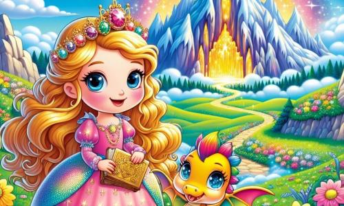 A princesa Estela, uma menina de cerca de 10 anos, tem longos cabelos dourados que brilham como raios de sol. Ela usa um vestido rosa adornado com flores cintilantes e exibe um grande sorriso, mostrando sua curiosidade e entusiasmo enquanto segura um velho pergaminho dourado nas mãos. Ao seu lado, Lumino, um pequeno dragão gentil de cerca de 1 metro de comprimento, tem escamas brilhantes nas cores do arco-íris. Ele bate as asas com excitação, flutuando levemente acima do chão, e olha para Estela com olhos brilhantes de alegria. A cena ocorre ao pé de uma majestosa montanha, onde se ergue uma caverna dourada cintilante. O céu é de um azul radiante, salpicado de nuvens suaves, e flores coloridas cercam o caminho que leva à caverna. Nesta ilustração, Estela e Lumino estão prontos para entrar na caverna, ansiosos para descobrir o tesouro mágico que os espera, simbolizando a aventura e a amizade que os une.