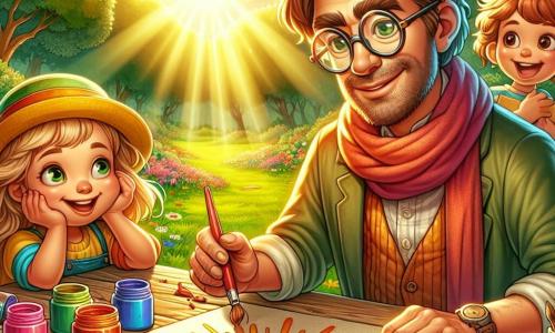Ein Mann, Paul, sitzt an einem rustikalen Holztisch, umgeben von bunten Farbtöpfen und Pinseln. Er hat leicht zerzauste braune Haare, runde Brille und ein staunendes Lächeln auf seinem Gesicht, während er eine weiße Leinwand vor sich betrachtet, bereit, seiner Kreativität freien Lauf zu lassen. Neben ihm steht ein etwa 8-jähriges Mädchen namens Lotte, das einen leuchtend gelben Hut trägt und eine große bunte Kreide hält. Sie zeichnet eine strahlende Sonne auf den Boden, ihr Gesicht von Aufregung erleuchtet. Ein 7-jähriger Junge mit einem roten Schal steht etwas abseits, seine Augen leuchten vor Bewunderung, während er eine Farbpalette in den Händen hält, bereit, an dem künstlerischen Abenteuer teilzunehmen. Der Ort ist ein grüner Park, durchflutet von goldenem Licht, mit majestätischen Bäumen im Hintergrund und bunten Blumen, die den Weg säumen. Kinder spielen fröhlich um sie herum, was zur lebhaften und kreativen Atmosphäre beiträgt. Die Hauptsituation zeigt Paul und die Kinder in voller künstlerischer Zusammenarbeit, umgeben von leuchtenden Farben, während sie sich darauf vorbereiten, ein wunderschönes Bild zu schaffen, inspiriert von ihrer sprudelnden Fantasie, das die Vereinigung von Kunst und Kindheit symbolisiert.