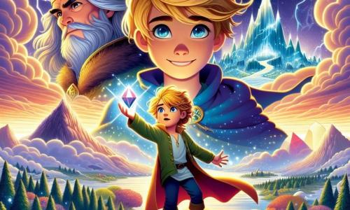 Lucas, un joven de cabello dorado y ojos brillantes de curiosidad, se encuentra valientemente en la cima de la Montaña de los Ecos. Su rostro expresa una determinación radiante mientras sostiene el Cuarzo del Alba, una gema que irradia colores vivos. A su lado, el Rey del Viento, un hombre de mediana edad con una capa hecha de nubes turbulentas, observa a Lucas con una expresión severa e intrigante. El escenario es majestuoso: la montaña está rodeada de cielos tumultuosos, con relámpagos cruzando el horizonte y ecos resonando en el aire. Abajo, el Bosque de los Susurros se despliega, vibrante de colores y criaturas mágicas ocultas entre los árboles. Lucas está listo para enfrentar el desafío del Rey del Viento, decidido a restaurar la magia de su mundo al resolver un enigma, mientras el viento sopla a su alrededor, creando una atmósfera tensa y mágica.