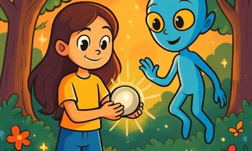 Uma menina de 12 anos, Emília, com longos cabelos castanhos e olhos brilhantes de curiosidade, está no meio de uma clareira encantada, seu rosto iluminado por uma mistura de admiração e determinação. Ela usa uma camiseta amarela vibrante e um short jeans, segurando uma pequena esfera metálica brilhante nas mãos. Ao seu lado, Zyn, um extraterrestre do tamanho de uma criança, com pele azul celeste, grandes olhos dourados e dedos finos, flutua levemente acima do solo, exibindo um sorriso amigável e grato. A clareira é cercada por árvores majestosas com troncos grossos e folhas cintilantes, banhadas por uma suave luz dourada do pôr do sol. Flores coloridas e vagalumes dançam ao redor, acrescentando um toque mágico ao ambiente. A cena principal mostra Emília e Zyn se preparando para ativar um portal estelar, com brilhos de luz emanando da esfera, enquanto uma leve brisa faz ondular as gramíneas ao redor, criando uma atmosfera de aventura e mistério.