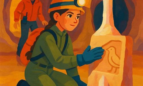 O tânără exploratoare de aproximativ 16–18 ani, păr brun împletit, față hotărâtă și ochi sclipitori, poartă combinezon kaki de speologie, cască cu lanternă aprinsă, mănuși și rucsac; îngenunchează lângă o coloană de calcit și atinge delicat o placă sculptată cu un mic simbol de pasăre cu mâna mănușată. Un coleg bărbat de aproximativ 25–30 de ani, păr scurt cu fire albe, vestă portocalie și radio la curea, rămâne în fundal lângă o deschidere luminoasă a galeriei, atent și gata să ajute. Sala subterană, largă și rotundă, are pereți netezi de calcar bej-roz, podea lucioasă ca sticla, picături de apă strălucind ritmic, o coloană centrală subțire de piatră albă și reflexii multicolore din lanterna. Scena principală surprinde descoperirea plăcii cu simbolul păsării de către tânără, lumina lanternelor creând umbre blânde și reflecții pe piatra umedă, cu un aer de uimire precaută și mister tăcut.