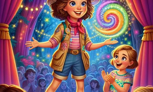Una niña de 12 años, Marina, está en el centro del escenario, con los ojos brillantes de emoción y una sonrisa radiante en su rostro. Tiene el cabello rizado y marrón, viste un atuendo colorido de exploradora con un chaleco y un sombrero, y sostiene una gran piedra en forma de espiral que brilla con colores vivos. A su derecha, Lucía, una niña de 11 años con el cabello corto y rubio, aplaude con entusiasmo, sus ojos brillando de alegría. Lleva una camiseta con estampados y un short de mezclilla, y se inclina ligeramente hacia adelante, llena de energía. Al fondo, el decorado del teatro está lleno de luces brillantes y grandes lienzos pintados que representan un bosque encantado, creando una atmósfera mágica. La escena muestra a Marina y Lucía interpretando una escena improvisada, donde Marina finge liberar colores mágicos de la piedra, mientras el público, compuesto por familias y niños, las observa con asombro y sonrisas.