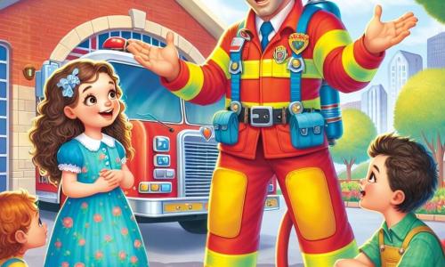 Un pompiere sorridente, Marco, è un uomo robusto con un uniforme rosso vivo e un casco giallo brillante. Si trova in piedi, con le braccia aperte, mostrando ai bambini come usare un tubo antincendio, il suo viso raggiante di gioia ed entusiasmo. Accanto a lui, Sofia, una bambina di 6 anni con i capelli ricci e un vestito blu, lo osserva con occhi spalancati, tenendo un piccolo giocattolo di camion dei pompieri nelle mani. La scena si svolge davanti a una caserma dei pompieri colorata, con un grande camion rosso parcheggiato, bandiere sventolanti e alberi verdi sullo sfondo. Marco spiega con passione l'importanza della sicurezza, mentre bambini curiosi, seduti per terra, ascoltano attentamente, meravigliati dalle storie di coraggio e amicizia.
