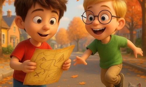 Hay 2 personajes principales: - Un niño llamado Bruno, de casi ocho años, con cabello castaño despeinado y ojos brillantes. Lleva una camiseta roja y un pantalón corto azul, y sostiene su gran hoja dorada con un dibujo de mapa. Está a la izquierda de la imagen, mirando la hoja con curiosidad. - Un niño llamado Leo, también de casi ocho años, con cabello rubio y gafas redondas. Lleva una camiseta verde y un pantalón beige, y está saltando alegremente sobre una línea de la calzada. Está a la derecha de la imagen, sonriendo y observando a Bruno. El lugar es una calle de barrio tranquila y pintoresca, bordeada de árboles con hojas doradas y rojas de otoño. Las casas al fondo son coloridas y acogedoras, con chimeneas humeantes. La acera está salpicada de hojas caídas, y un gato de pelaje gris y cola esponjosa, con una pequeña bufanda azul, pasea tranquilamente. La situación principal muestra a los dos niños descubriendo la hoja dorada con un dibujo misterioso, simbolizando un mapa del tesoro. El viento sopla ligeramente, haciendo revolotear algunas hojas a su alrededor, y el gato los observa con curiosidad. La atmósfera está llena de magia y emoción, capturando el espíritu de una aventura que comienza.