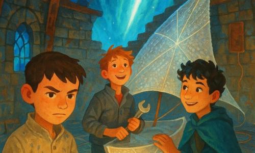 Hay 3 personajes: Ivo, niño de 11 años, pelo castaño corto, mirada concentrada, túnica de aprendiz beige manchada de tinta, sostiene una pequeña tableta de cuero abierta; Darío, niño de 11 años, pelo rojo alborotado, sonrisa nerviosa, chaqueta de trabajo gris con refuerzos en los codos, sostiene una llave inglesa y mira al cielo; Nilo, niño de 11 años, pelo negro rizado, ojos vivaces, capa corta azul verdosa, una mano sobre el hombro de Darío y la otra rozando la vela. Lugar: hangar circular de piedra y metal con una plataforma de lanzamiento clara en el centro, vigas de acero oxidado, vitrales rotos que dejan pasar una aurora azul y una gran fisura luminosa blanco-azulada en el cielo (la Brecha de Lumen); superficies texturadas, paneles de cobre, cables luminosos y pequeñas runas en el suelo. Situación: una gran vela solar plateada se despliega suavemente sobre la plataforma, tejido metálico brillante como escamas y nervaduras de hilos luminosos; los tres chicos, alrededor de la barca ligera, sincronizan sus gestos — Ivo consulta sus notas, Darío ajusta un anillo mecánico, Nilo toca la vela — mientras una luz azul de la brecha baña la escena, con una atmósfera de tensión y asombro.