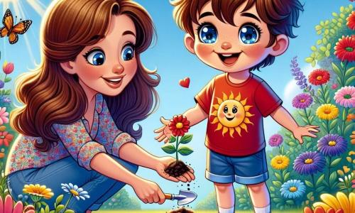 Un niño de 4 años, Lucas, con cabello castaño desordenado y ojos brillantes de alegría, está plantando una pequeña semilla en un jardín colorido. Lleva una camiseta roja con un diseño de sol y un pantalón corto azul. Su rostro irradia emoción y curiosidad. A su lado, su mamá, una mujer de unos 30 años con cabello largo castaño y una sonrisa cálida, lo anima sosteniendo una pequeña pala. Ella viste una blusa ligera y pantalones de mezclilla, inclinándose ligeramente para ayudarlo. El jardín es un lugar mágico, lleno de flores brillantes de todos los colores: rojas, amarillas, azules y violetas. Mariposas vuelan alrededor, y el cielo es de un azul brillante, salpicado de algunas nubes blancas esponjosas. La escena principal muestra a Lucas, feliz, poniendo la semilla en la tierra, mientras su mamá lo observa con orgullo, creando una atmósfera de felicidad y descubrimiento en el corazón de la naturaleza primaveral.