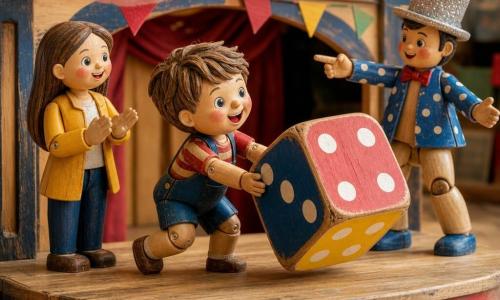 A 4-year-old boy with a round face and tousled light brown hair, bright eyes and a wide smile joyfully pushes a large multicolored die with both hands on a small painted wooden stage; his mother, with long brown hair and a yellow jacket, stands to his left smiling and gently applauding; a male host in a silver sequined hat and blue polka-dot suit stands behind him pointing at the die and making a theatrical gesture; the wooden cube die is painted red, blue and yellow with white pips and is rolled halfway in front of the boy; two pink cotton cloud hoops float above the stage; background features colorful flags, string lights and a light wood plank floor; whimsical, absurd atmosphere with vivid saturated colors, slightly exaggerated perspective, visible wood and paint textures, and warm soft afternoon-like lighting
