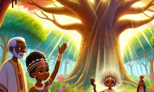 Nia, eine afrikanische Frau in ihren Dreißigern, steht stolz vor dem majestätischen Baobab, ihre Augen leuchten vor Entschlossenheit und Weisheit. Sie trägt ein farbenfrohes Kleid mit traditionellen Mustern und hat funkelnde Perlen in ihren geflochtenen Haaren, während sie eine Hand gen Himmel hebt, bereit, die bevorstehenden Herausforderungen zu meistern. Neben ihr steht Kofi, ein etwa 60-jähriger Mann mit grauem Bart und Falten, die Geschichten von Weisheit erzählen. Er beobachtet Nia mit einem ermutigenden Blick und hält einen geschnitzten Holzstock, der sein Berateramt symbolisiert. Asha, eine junge Frau in ihren Zwanzigern, agil und lebhaft, steht etwas im Hintergrund, ihre Augen voller Begeisterung, bereit, Nia in ihrer Suche zu unterstützen. Der Ort ist eine verzauberte Lichtung im Herzen eines dichten Waldes, wo Sonnenlicht durch die Blätter filtert und tanzende Muster auf den Boden wirft. Der große Baobab mit seinen weit ausladenden Ästen und dem breiten Stamm steht im Zentrum, umgeben von bunten Blumen und neugierigen Tieren, die die Szene beobachten. Die Hauptsituation zeigt Nia, Kofi und Asha, die sich darauf vorbereiten, den heiligen Kreis um den Baobab zu betreten, wo sie den Herausforderungen begegnen werden, die das Schicksal ihres Dorfes bestimmen. Die Atmosphäre ist sowohl magisch als auch voller Spannung, mit Lichtblitzen und geheimnisvollen Schatten, die die Aufregung des Moments verstärken.