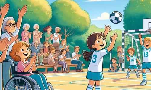 In het midden van de afbeelding staat Lotte, een 10-jarig meisje met bruin haar en een bril, die glimlacht terwijl ze een handbal vasthoudt. Rechts van haar moedigt Maaike, een ander 10-jarig meisje met blond, krullend haar, haar aan met haar armen in de lucht. Links zit Noor, een 9-jarig meisje met kastanjebruin haar en een stralende glimlach, in haar mooie rolstoel, klaar om mee te doen aan het spel. De achtergrond is een buiten handbalveld, omringd door groene bomen en een blauwe, zonnige lucht. De witte lijnen van het veld zijn goed zichtbaar en toeschouwers, kinderen en ouders zitten op houten banken, applaudisserend en glimlachend. De scène toont Lotte die de bal naar Noor gooit, die hem enthousiast probeert te vangen. De andere kinderen rondom hen spelen, wat een vrolijke en dynamische sfeer creëert. De boodschap van vriendschap en teamwork is voelbaar in de lucht, terwijl het gelach en de aanmoedigingen over het veld galmen.