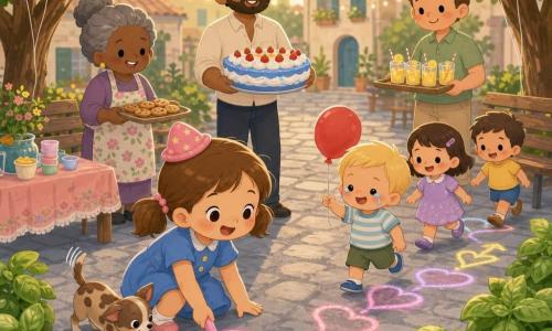 Una bambina di 6 anni, allegra e coraggiosa, capelli castani a due code, naso piccolo e lentiggini, in vestito azzurro e cappellino rosa a stelle, tiene un grosso gessetto rosa e traccia cuori e frecce sul selciato; vicino a lei un bimbo di 3 anni biondo, con lacrime che si asciugano e poi sorride, stringe un palloncino rosso; dietro la bambina un uomo sulla trentina in camicia chiara tiene una torta alla crema blu con fragole pronto a servirla; a sinistra una nonna, Lucia, con capelli grigi raccolti e grembiule a fiori sorride tenendo un vassoio di biscotti su un tavolo decorato; un vicino, Marco, porta un vassoio di limonate gialle vicino a una panchina; ai piedi della bambina un piccolo cane marrone maculato scodinzola guardando il gessetto; la scena si svolge in una piccola piazza lastricata con panchine di legno, cespugli di basilico, lucine appese tra gli alberi e palloncini colorati, luce morbida del tardo pomeriggio, atmosfera festosa e solidale mentre la bambina guida i più piccoli lungo il percorso di gessetti multicolore.