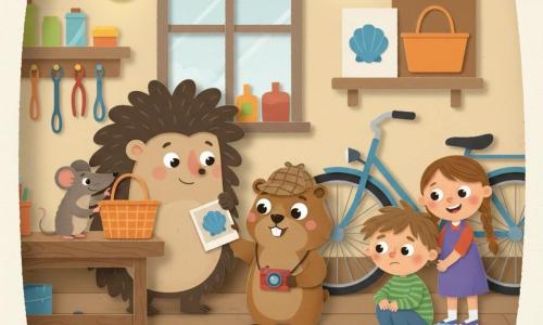 Hoofdpersonage: een kleine marmot-detective met zachte bruine vacht, grote nieuwsgierige ogen, geconcentreerde vriendelijke blik, een klein rood fototoestel om de nek en een foto van de plank in de hand; nevenpersonages: Ome Bram, een dikke egel met afgeronde stekels en een warme glimlach bij een houten werkbank met zijn handen op een gevonden oranje mand; Finn, een jongen met wild haar, schoenen met drie strepen, een blauwe helm met stersticker naast hem, schuchter maar opgelucht, gehurkt bij de fiets; Finns kleine zus met vlechten, tranen in de ogen die veranderen in blijdschap terwijl ze de hand van haar broer vasthoudt naast de scheve fiets; Mia de muis, piepklein en ondeugend, op een krat bij de tafel wijzend naar stoffige voetafdrukken; locatie: een binnenfietsenatelier met houten werkbank, kleurrijke gereedschapshaken, warme lampen, schappen met potten en stof op de vloer, een plank waar de bekende blauwe kap lag en een lege plek waar een oranje mand ontbrak; situatie: hereniging en oplossing — de marmot toont de foto als bewijs, iedereen lacht en zucht van opluchting, warme contrastrijke kleuren, duidelijke vormen, gelaagde papierachtige texturen en zachte schaduwen voor een lieve kinderlijke uitstraling.