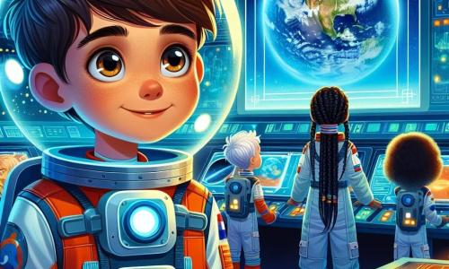Een jonge jongen, Lucas, ongeveer 10 jaar oud, staat in het midden van de afbeelding, met glinsterende ogen van opwinding en nieuwsgierigheid. Hij draagt een felgekleurde astronautenuniform en een doorzichtig helmpje, en kijkt vol verwondering naar een groot scherm dat een uitzicht op de aarde vanuit de ruimte toont. Zijn bruine haar is een beetje rommelig en een stralende glimlach verlicht zijn gezicht. Naast hem is Noor, een 10-jarig meisje met lange, zwarte gevlochten haren, die ook een astronautenuniform draagt. Ze leunt over een controlepaneel, geconcentreerd, met een vastberaden uitdrukking op haar gezicht. Ze wijst naar een knop, klaar om een ruimtesimulatie te starten. Op de achtergrond is de simulatiezaal gevuld met futuristische technologieën, met heldere schermen die beelden van planeten en sterren tonen. Knipperende lichten en animaties voegen een dynamische sfeer toe aan de omgeving. De belangrijkste situatie toont Lucas en Noor, die zich voorbereiden op hun eerste ruimte missie, omringd door schermen en knoppen, klaar om naar de sterren te vertrekken, met een voelbare sfeer van avontuur en ontdekking in de lucht.