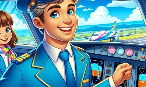 Un pilota sorridente di circa quarant'anni indossa una uniforme blu brillante con un cappellino decorato con una piccola ala dorata. Ha capelli castani leggermente brizzolati e occhi pieni di gioia. Si trova all'interno di un cockpit di aereo, guardando con meraviglia attraverso il grande oblò. Accanto a lui, una donna di nome Laura, di circa 30 anni, con capelli castani raccolti in una coda di cavallo, sorride allegramente mentre aiuta i bambini a salire a bordo. Indossa un'uniforme simile, ma con una sciarpa colorata che aggiunge un tocco di allegria. Il cockpit è pieno di bottoni colorati e un cruscotto luminoso, mentre all'esterno un cielo blu brillante è punteggiato di nuvole bianche e soffici. La scena principale mostra il pilota e Laura che preparano il volo, circondati da bambini meravigliati che guardano dalle finestre, i loro volti illuminati dall'eccitazione per l'avventura imminente.