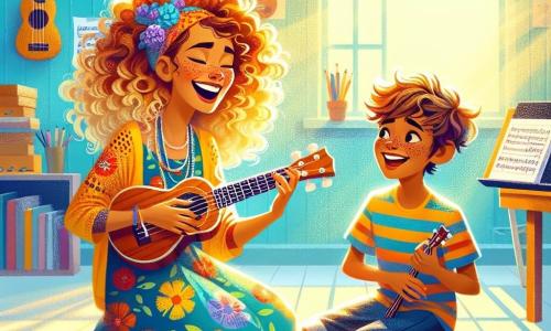 Clara, uma mulher de cabelos cacheados e dourados, irradia alegria com um grande sorriso no rosto. Ela usa um vestido colorido decorado com notas musicais e segura um ukulele vibrante entre as mãos, seus olhos brilhando de excitação. Ao seu lado, Léo, um garoto de 10 anos com cabelos castanhos e desgrenhados, observa com admiração. Ele está sentado no chão, cercado por folhas de papel e lápis, pronto para fazer perguntas sobre música. A cena acontece em um estúdio iluminado, com paredes pintadas de azul claro, prateleiras cheias de partituras e instrumentos musicais espalhados. Raios de sol filtram por uma grande janela, iluminando o ambiente com uma suave luz dourada. Clara e Léo estão aprendendo a tocar ukulele juntos, rindo e experimentando melodias alegres, criando uma atmosfera de compartilhamento e descoberta musical.