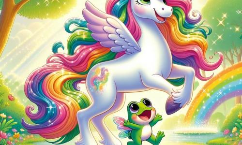 O unicornă minunată numită Lila, cu o coamă ondulată în culorile curcubeului și un corn strălucitor, stă în centrul scenei, având o expresie veselă și prietenoasă. Este înconjurată de mici scântei magice care dansează în jurul ei. Lângă ea, o broscuță verde numită Răzvan, cu ochi mari și strălucitori și un zâmbet entuziast, sare de bucurie, cu labele din spate în aer, pregătit să zboare. Decorul se desfășoară într-o poieniță strălucitoare, unde flori colorate și copaci măreți creează o atmosferă de basm. Razele de soare filtrează printre frunze, iluminând solul cu mii de străluciri aurii. Situația principală arată cum Lila folosește magia ei pentru a-l transforma pe Răzvan într-o mică creatură cu aripi, în timp ce se pregătește să decoleze, plin de entuziasm și fericire.