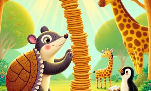 Un armadillo sorridente, di nome Arturo, è al centro dell'immagine, con un guscio lucido e occhi brillanti di determinazione. Sta costruendo una torre di biscotti, impilando con cura biscotti rotondi e dorati a spirale, con un'espressione concentrata sul volto. Alla sua destra, Gertrude, una grande giraffa maculata, osserva con curiosità, allungando il collo per vedere la costruzione di Arturo, con un sorriso ammirato. A sinistra, Max, un piccolo pinguino dalle piume bianche e nere, guarda con meraviglia, tenendo un biscotto congelato tra le zampette, pronto ad aiutare. La scena si svolge in una foresta incantata, con alberi alti dalle foglie verdi brillanti, fiori colorati sparsi sul terreno e un dolce raggio di sole che filtra tra i rami, creando un'atmosfera gioiosa e accogliente. La situazione principale mostra Arturo che, con entusiasmo e creatività, costruisce la sua torre di biscotti sfidando dolcemente il vento, pronto a dimostrare che la sua idea ingegnosa può resistere a tutti gli ostacoli.