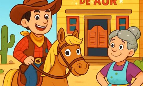 Un cowboy curajos, Tom, un bărbat de aproximativ 30 de ani, cu un zâmbet larg și ochi strălucitori de determinare, poartă o pălărie de cowboy uzată și o cămașă în carouri roșii. El este călare pe mânzul său, Steluța, care are o coamă frumoasă de aur și o privire prietenoasă. Lângă el se află doamna Maggie, o femeie de aproximativ 50 de ani, cu părul gri aranjat în coc și un sort colorat, care îl privește pe Tom cu speranță, cu mâinile pe șolduri. Scena se desfășoară în fața Saloon-ului de Aur, o clădire din lemn vopsită în galben aprins, cu feronerie roșie și un semn strălucitor care strălucește în soare. Cactuși și pietre deșertice înconjoară saloon-ul, adăugând o notă sălbatică mediului. Situația principală îl arată pe Tom, pregătit să apere saloon-ul de bandiții amenințători care se apropie, cu o expresie hotărâtă pe față, în timp ce doamna Maggie îl încurajează din toată inima.