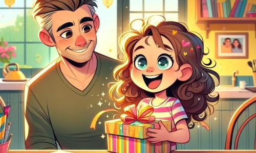 O fată de 10 ani, Emma, cu părul creț și ochii strălucind de bucurie, stă la o masă din lemn într-o bucătărie luminoasă. Ea zâmbește entuziastă, ținând un cadou colorat în mâini, înconjurată de hârtii colorate și fotografii cu momente fericite alături de tatăl ei. Lângă ea, tatăl ei, Mihai, un bărbat de aproximativ 35 de ani cu părul brunet și o barbă ușoară, o privește cu un zâmbet mândru și emoționat, aplecându-se ușor spre ea. Bucătăria este primitoare, cu pereți vopsiți în galben deschis, rafturi pline de cărți de bucate și o fereastră deschisă care lasă lumina soarelui să pătrundă, iluminând spațiul. Situația principală o arată pe Emma, plină de entuziasm, pregătită să-i ofere tatălui său un cadou făcut manual cu ocazia zilei tatălui, creând un moment magic și plin de iubire între ei.