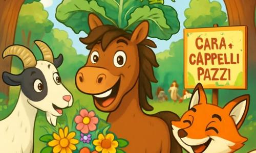Un cavallo marrone con una criniera arruffata, Carletto, si trova al centro dell'immagine, con gli occhi brillanti di eccitazione e un grande sorriso sul volto. Indossa un cappello stravagante fatto di foglie di cavolo, con due piccole rane che saltano felicemente sopra. A destra, una volpe astuta di nome Fiocco, con un pelo arancione vivace e occhi maliziosi, osserva la scena ridendo. A sinistra, la capra Marta, con corna ricurve e un pelo bianco e nero, tiene un grande cappello di fiori colorati, pronta a mostrarlo a Carletto. Sullo sfondo, un bosco verde e soleggiato, pieno di alberi con foglie brillanti e fiori multicolori, crea un'atmosfera gioiosa. In lontananza, un cartello colorato annuncia la 
