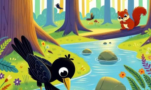 A little raven named Caw, with shiny black feathers and big curious eyes, is dipping his beak into the clear water of a stream, showing a joyful and determined expression. Nearby, a lively and mischievous red squirrel watches Caw with an encouraging smile, perched on a low branch of a tree. The stream winds through a lush forest, surrounded by tall trees with bright green leaves, while colorful flowers bloom along the banks. In this scene, Caw discovers a small shiny pebble underwater, illuminated by sunlight filtering through the leaves, symbolizing the quest for hidden treasures and friendship.
