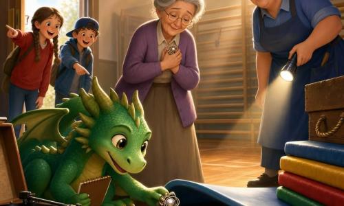 Ein kleiner grüner, anthropomorpher Drache mit glänzenden Schuppen und neugierigen runden Augen hockt konzentriert neben einem alten Plattenspieler, hält ein spiralgebundenes Heft und zieht behutsam eine glänzende Metallbrosche unter einer Turnmatte hervor; Frau Krümel, eine ältere Frau mit sanftem Gesicht und grauem Dutt, steht erleichtert neben ihm und drückt die gefundene Brosche an die Brust; Frau Müller, die robuste Schulhausmeisterin in blauem Kittel, leuchtet mit einer kleinen Taschenlampe die dunkle Ecke aus; Lilli mit Zöpfen und rotem Pullover und Jonas mit blauer Mütze stehen aufgeregt am Eingang und zeigen auf die Brosche im Hintergrund; Szene in einer alten Schulsporthalle mit glänzendem Parkett, Fußspuren und kleinem Schokoladenfleck, aufgetürmten bunten Matten, Holzbänken, einer abgenutzten Seilkiste und einem hohen Fenster, durch das ein warmer, staubiger Sonnenstrahl fällt — fröhliche Entdeckung der Brosche, Ermittlungsstimmung, präzise Gesten, Lächeln und Lichtfokus auf dem glänzenden Objekt.