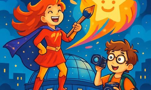 Stella Blitz, eine Superheldin mit leuchtend roten Haaren und einem glitzernden Umhang, steht auf dem Dach eines Planetariums, ihr Gesicht strahlt Freude und Aufregung aus. Sie hält einen riesigen Pinsel in einer Hand, während lebendige Farbspritzer um sie herum fliegen und ihr strahlendes Lächeln erhellen. Neben ihr justiert Blitz Bart, ein etwa 12-jähriger Junge mit runden Brillen und zerzausten Haaren, seine Kamera, bereit, den magischen Moment festzuhalten. Er sieht konzentriert und begeistert aus, seine Augen glänzen vor Bewunderung für das Meisterwerk, das sie gemeinsam schaffen. Der Ort ist ein futuristisches Planetarium mit einer transparenten Glaskuppel, die einen sternenklaren Himmel zeigt, während funkelnde Sterne und wirbelnde, farbige Wolken mit der modernen Architektur verschmelzen. Pinsel, Farbtopf und Papiersterne sind um sie herum verstreut und schaffen eine künstlerische, dynamische Atmosphäre. Die Hauptsituation zeigt Stella und Blitz in voller Aktion, wie sie gemeinsam ein riesiges, leuchtendes Gemälde auf dem Dach malen, wo ein lächelndes Star-Gesicht auftaucht, die Nacht erhellt und die Aufmerksamkeit der staunenden Passanten darunter auf sich zieht.
