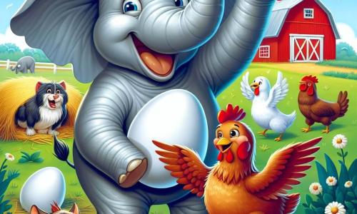 Un elefant vesel numit Didi, cu o piele gri strălucitoare și urechi mari, stă în centrul imaginii, zâmbind larg în timp ce ține un ou alb în trompă. Lângă el, o mică găină roșie numită Gigi, cu pene strălucitoare și ochi sclipitori, sare de bucurie, cu aripile desfăcute, exprimându-și recunoștința. În fundal, o fermă colorată cu un hambar mare roșu, câmpuri verzi și un cer albastru deschis presărat cu nori albi pufoși. Scena arată cum Didi și Gigi sărbătoresc descoperirea oului pierdut, înconjurați de animale curioase, cum ar fi o pisică adormită pe un balot de fân și un câine care îi privește cu un aer amuzat.