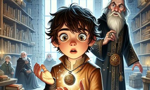 Lucio, un niño de diez años con cabello castaño desordenado y ojos llenos de curiosidad, está en el centro de la escena sosteniendo un medallón brillante. Su rostro refleja asombro y determinación mientras se prepara para lanzar un hechizo. A su lado, Marco, un anciano de rostro arrugado y larga barba blanca, lleva una túnica de mago con símbolos antiguos y observa a Lucio con orgullo, levantando una mano para animarlo. La escena tiene lugar en una biblioteca antigua con paredes de piedra cubiertas de libros polvorientos y rollos de pergamino. Grandes ventanas dejan entrar la luz del sol, iluminando estanterías que llegan hasta el techo, creando una atmósfera mágica y misteriosa. Lucio, con el medallón en mano, se prepara para enfrentar a Lucanus, un oscuro hechicero vestido de negro, que está al fondo con los brazos cruzados y una sonrisa maliciosa. La tensión es palpable en el aire, mientras la magia parece vibrar a su alrededor, lista para estallar.
