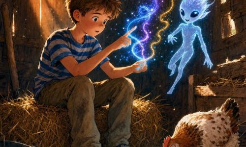 Niño de 10 años, asombrado y concentrado, cabello castaño corto, camiseta azul a rayas y pantalones sucios, sentado sobre un fardo de heno haciendo gestos con los dedos que dibujan estelas luminosas; un pequeño extraterrestre holográfico llamado Zog, de silueta fina y translúcida, cabello puntiagudo luminoso y grandes ojos negros, flota a la altura del hombro a la izquierda del niño sonriendo mientras observa las figuras; una gallina redondeada y curiosa, plumaje blanco con manchas marrones, picotea un pequeño cubo metálico en la paja junto a los pies; en un viejo gallinero de madera con tablas agrietadas y rayos de sol anaranjados filtrándose por las rendijas, el niño juega a un 