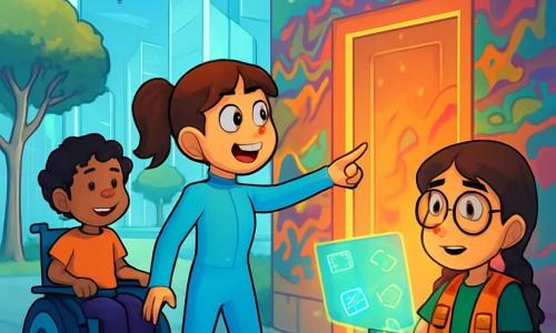 Hay 3 personajes: - Valentina: una niña de 10 años, con cabello castaño recogido en una coleta, que lleva un traje futurista azul claro con patrones brillantes. Ella está en el centro, con los ojos brillantes de emoción, señalando hacia la puerta secreta. - Helena: una niña de 11 años, con cabello corto y rizado, sentada en una silla de ruedas flotante equipada con luces LED. Sonríe con valentía, con las manos en los reposabrazos, lista para explorar. - Sofía: una niña de 10 años, con gafas redondas y cabello trenzado, que lleva un chaleco lleno de gadgets. Está a la derecha de Valentina, sosteniendo un microordenador que proyecta hologramas. El lugar se desarrolla en un barrio futurista llamado Inventópolis, donde los edificios de vidrio orgánico brillan bajo un cielo azul. Árboles inteligentes con troncos plateados bordean las calles, iluminando el camino con luces suaves. Al fondo, una pared de grafitis dinámicos danza con colores vivos, y en el centro, una puerta secreta, medio visible, brilla con un resplandor misterioso. La situación principal muestra a las tres amigas, maravilladas y curiosas, frente a la puerta secreta que parece llamarlas a la aventura. Las luces de los drones en el cielo añaden un toque mágico a la atmósfera, mientras una suave brisa hace danzar las hojas de los árboles.