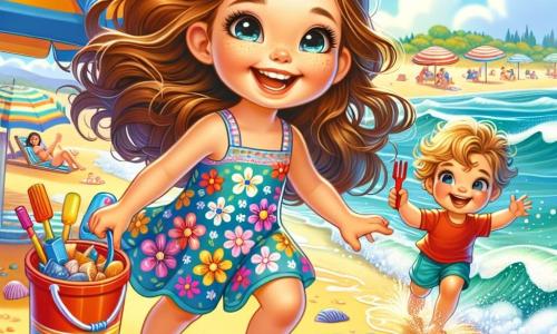 An 8-year-old girl, Emma, with long brown hair and sparkling eyes, runs on the beach with her arms open as if to embrace the sky. She wears a colorful swimsuit with floral patterns and plastic sandals. Next to her, her 5-year-old brother Leo, with messy blonde hair and a big smile, holds a red bucket filled with shiny seashells. They are on the golden sand, surrounded by turquoise waves gently breaking on the shore. Their mother, a smiling woman with brown hair in a bun, watches them from a striped umbrella, holding a book. The setting is a sunny beach with fine sand dunes, colorful umbrellas, and joyful families playing in the distance. The main scene shows Emma and Leo building a sandcastle, their faces lit up with excitement, while seagulls fly above them, adding to the summer atmosphere.