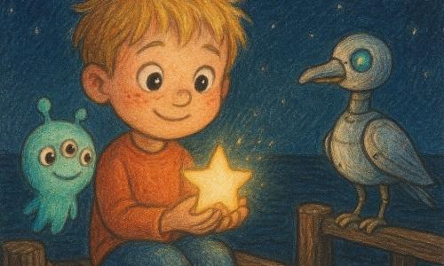 Een 6-jarige jongen met sproeten en warrig blond haar zit op de rand van een oude donkere houten pier en houdt zacht een klein lichtgevend sterretje in zijn hand terwijl hij verlegen glimlacht; een klein ballon-alien Paa met drie ogen en pastel-turkooise fluweelachtige huid drijft bij zijn schouder en blaast gouden vonkjes, en een zilveren robotmeeuw met blauwe lampjes en beweegbare armen zit nieuwsgierig op de reling; de zee is donker en licht glanzend onder de maan, de nachtelijke hemel sterrenrijk, het licht van het sterretje warm tegen het koele blauw van de nacht, met zachte texturen en zichtbare kleurpotloodlijnen.