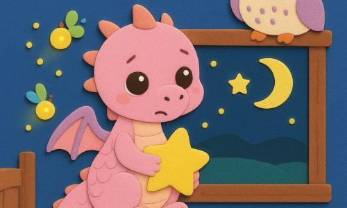 Ein kindlicher Babydrache mit runden, glänzenden Augen, pastellrosigen Schuppen und funkelndem Schwanz, schüchtern-besorgter Blick, sitzt auf einem Holzfensterbrett mit gefalteten Flügeln und hält ein sternförmiges Kissen; eine runde, flauschige Eulenfreundin (kükenähnlich) in Creme mit violetten Flecken sitzt rechts am Fensterrahmen und neigt sich zu ihm, als würde sie sprechen; eine Familie winziger gelb-grüner Glühwürmchen bildet einen sanften Halo um den Drachen, einige nahe seinem Gesicht zum Ermutigen; gemütliches, schlichtes Zimmer mit nachtblauen Wänden und Sternchenaufklebern, Holzbett mit Mondmusterdecke, geöffnetes Fenster zu einer dunklen Wiese und blassem gelben Mondsichel; Szene: zögernder, neugieriger Drache entdeckt die Nacht, Hoffnung und Entdeckung im Gesicht, sanftes Glühwürmchenlicht wärmt und erhellt seine Züge; flacher Grafikstil, dicke Konturen, kontrastreiche Pastellfarben, sichtbare EVA-Schaumtexturen, klare, zentrierte Komposition.