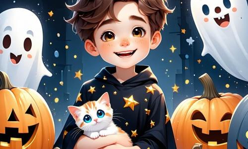 Un ragazzo di 5 anni di nome Luca, con capelli castani in disordine e occhi brillanti di curiosità, indossa un costume di Halloween nero decorato con stelle dorate. Sorride ampiamente, tenendo tra le braccia un gattino bianco con occhi azzurri, che fa le fusa felicemente. Intorno a lui, diversi bambini della sua età, travestiti da fantasmi e mostri colorati, ridono e ballano, portando vita alla scena. Una ragazza con capelli biondi, vestita da strega con un cappello a punta, lancia caramelle in aria, mentre un ragazzo con capelli rossi, travestito da vampiro, fa smorfie divertenti. La scena si svolge in un parco decorato per Halloween, con alberi dalle foglie arancioni e lanterne a forma di zucche che illuminano il sentiero. Risate e grida di gioia risuonano nell'aria fresca della notte di Halloween. Luca, circondato dai suoi amici, scopre un gattino in una casa misteriosa e decide di portarlo alla festa, creando così un momento magico e pieno di amicizia.