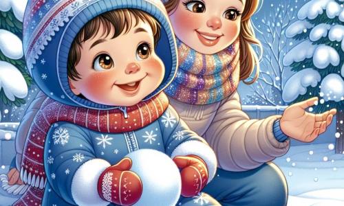 Un bambino di un anno, con guance rosa e occhi scintillanti, è seduto nella neve. Indossa una tuta blu con motivi di fiocchi di neve e un cappello rosso che gli conferisce un'aria gioiosa. Sorride ampiamente, meravigliato dalla neve che lo circonda, mentre sta modellando una palla di neve con le sue piccole mani. Accanto a lui, la mamma, una donna di circa 30 anni con capelli castani raccolti in uno chignon e una grande sciarpa colorata, ride lanciando una palla di neve in aria, guardando il figlio con tenerezza. Si tiene leggermente indietro, incoraggiando il piccolo a giocare. Il luogo è un giardino invernale, coperto da uno spesso strato di neve scintillante sotto il sole invernale, con alberi le cui branche sono cariche di neve e fiocchi che cadono dolcemente dal cielo blu chiaro. La scena principale mostra il bambino felice che scopre la neve per la prima volta, ridendo e giocando con la mamma, creando ricordi magici in un paesaggio invernale incantevole.