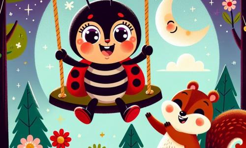 A little ladybug named Lila, with bright red wings adorned with large black spots, is perched on a swing, her face beaming with joy and excitement. Next to her, a mischievous squirrel named Benny, with brown fur and a bushy tail, enthusiastically pushes the swing, his eyes sparkling with mischief. The setting is a colorful park filled with vibrant flowers and lush trees, under a starry sky where the moon shines like a big smile. Lila swings into the air, dreaming of touching the moon, while Benny cheers her on with shouts of joy, creating an atmosphere of happiness and adventure.