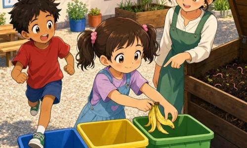 Luna, niña de 6 años, rostro redondo y coletas, sonríe tímida y extiende una cáscara de plátano hacia la papelera verde; Tomás, niño de unos 6 años, pelo corto y despeinado, expresión sorprendida y alegre, corre detrás mirándola; la seño Clara, docente de ~30 años con moño, sonrisa dulce y gesto señalando las papeleras; tres papeleras plásticas alineadas (azul, amarillo, verde) con iconos de periódico, botella y plátano; compostero de madera abierto con tierra y lombrices al fondo; patio escolar soleado con grava, banco, macetas y carteles; escena cálida y educativa; estilo manga con líneas limpias, colores vivos y pastel, sombras suaves, composición clara para niños de 6 años.