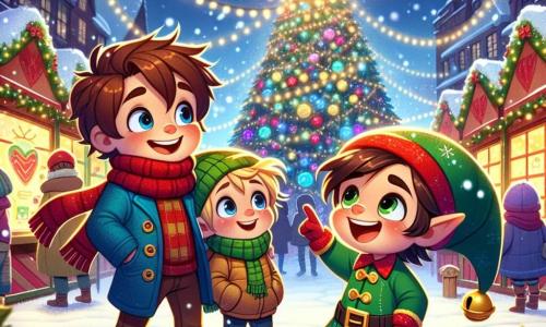 In a magical Christmas market, three main characters stand together. Max, an eight-year-old boy with messy brown hair and a big smile, wears a red scarf and a blue coat. He is pointing at a huge sparkling Christmas tree. Next to him is Sam, another eight-year-old boy with blonde hair and rosy cheeks, dressed in a green hat and a yellow coat. He looks in awe at the tree's decorations. Finally, Elwin, a small elf with pointed ears, wears a bright green costume with golden accents and a cone-shaped hat. He joyfully smiles, holding a small bell in his hand. The Christmas market is filled with colorful stalls illuminated by twinkling lights. Snowflakes gently fall from the sky, creating a magical atmosphere. The scents of cinnamon and hot chocolate fill the air as children laugh and play around the festive decorations. The main scene shows Max, Sam, and Elwin making wishes in front of the big Christmas tree, their eyes shining with excitement and joy, surrounded by sparkling lights and colorful decorations.